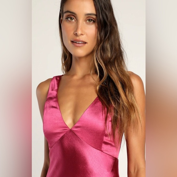 NWT - Lulus Incredible Love Magenta Pink Satin Cowl Back Midi Slip Dress - Picture 3 of 8